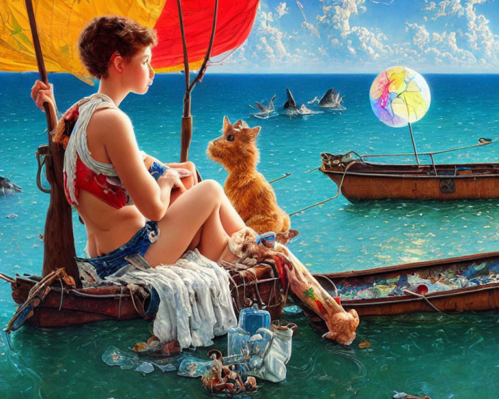 Woman and cat on boat with colorful umbrellas, surrounded by fish and sharks in clear water under blue