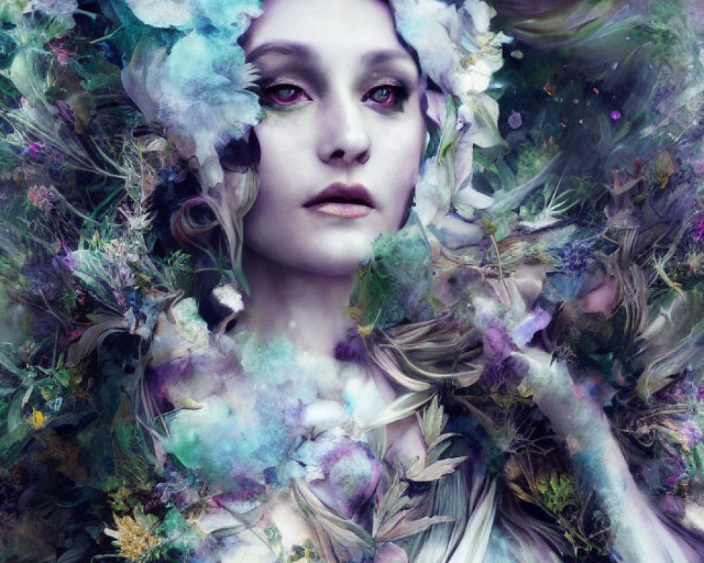 Surreal portrait of woman with flowers and foliage blending into surroundings