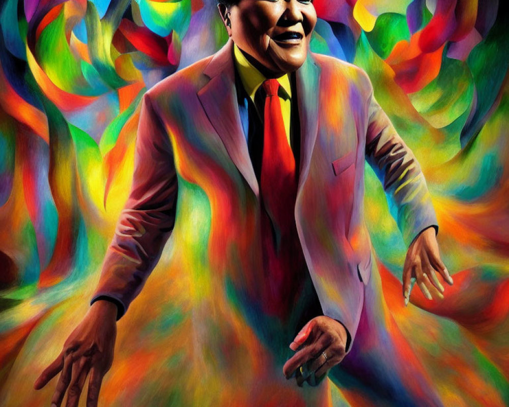 Colorful portrait of a smiling man in abstract suit with swirling patterns