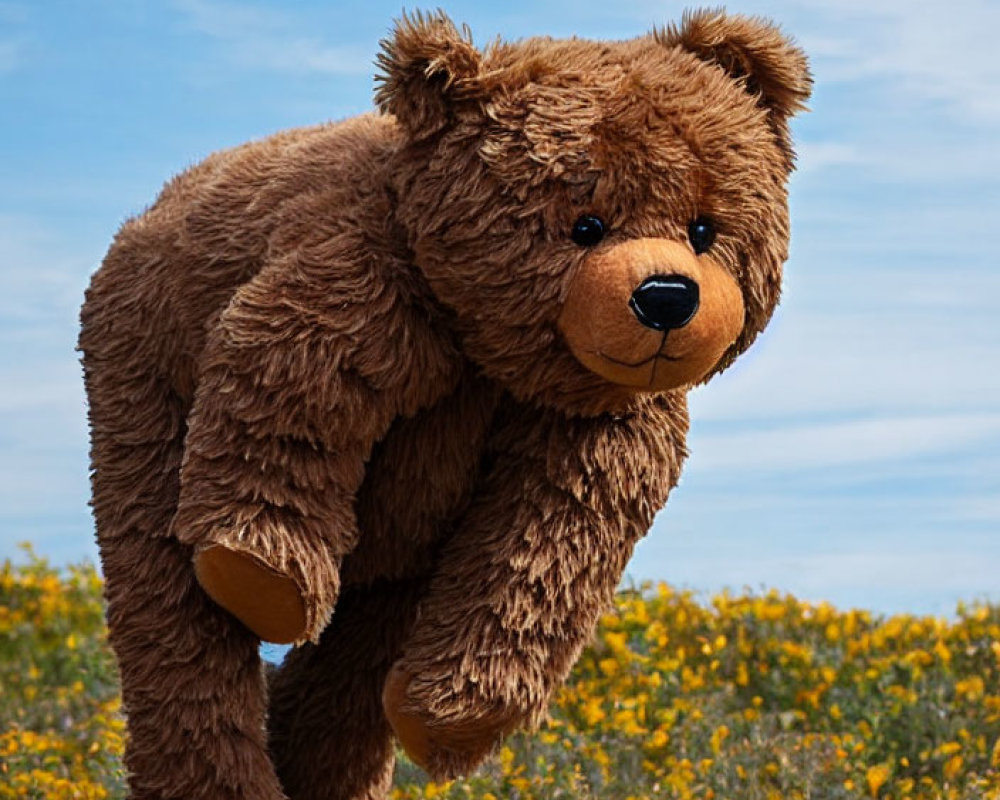 Person in Fluffy Brown Teddy Bear Costume in Field with Blue Sky