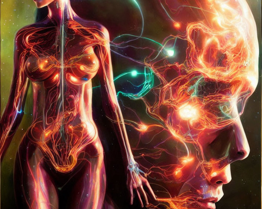 Neon-like Lines on Humanoid Figure Against Cosmic Background