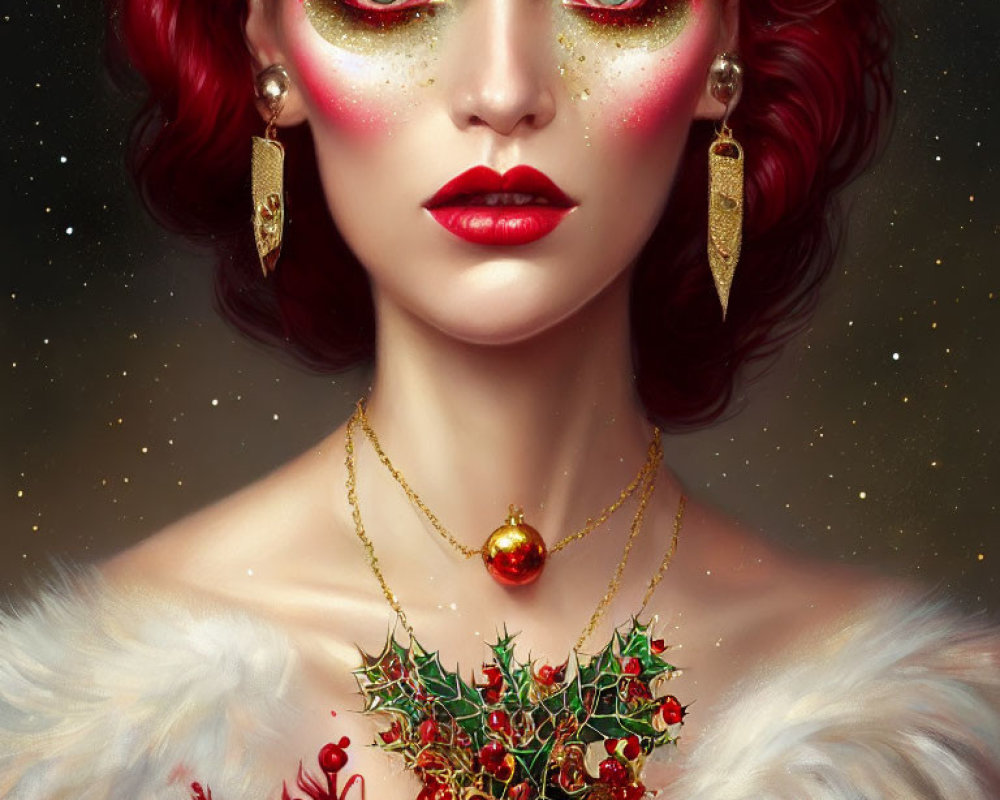 Red-haired woman with gold jewelry and holly sprig on starry background