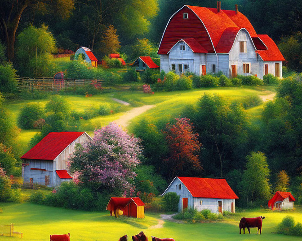 Rural Landscape with White House, Red Roof, Horses, Barns, and Gardens