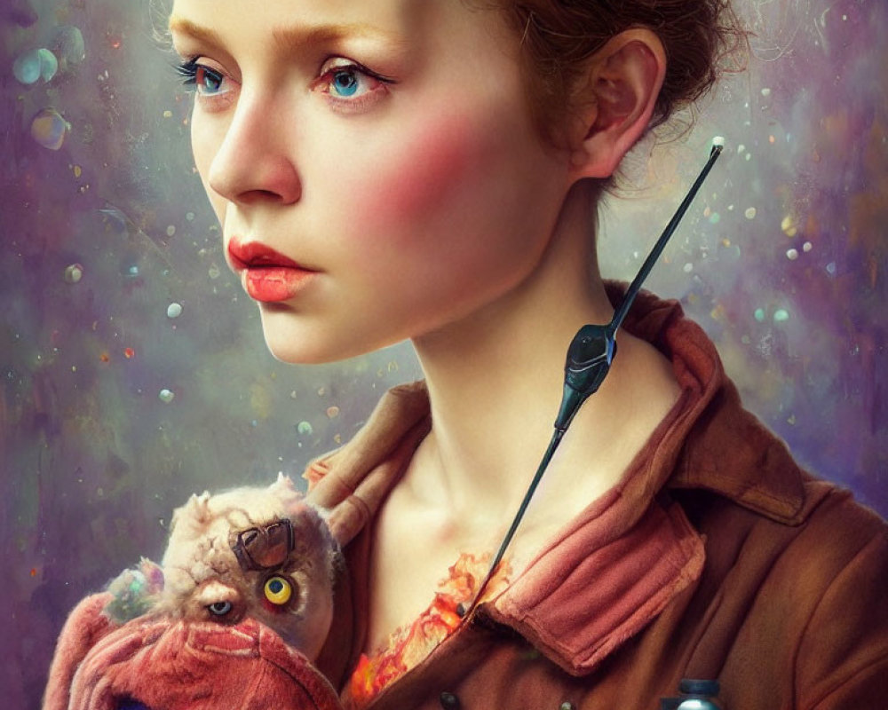 Red-Haired Woman Holding Owl with Glasses in Portrait Shot