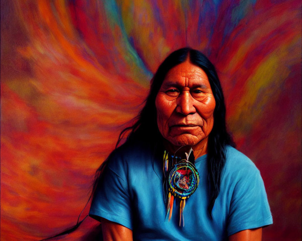 Native American man portrait with long black hair, blue shirt, feathered necklace, bracelets, serene expression