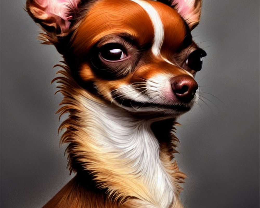 Detailed digital portrait: Chihuahua with large ears, brown and white fur, slight head tilt