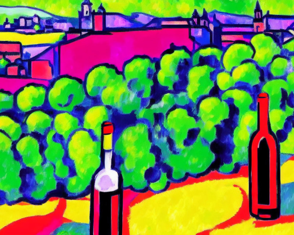 Colorful Landscape Painting with Castle and Wine Bottles