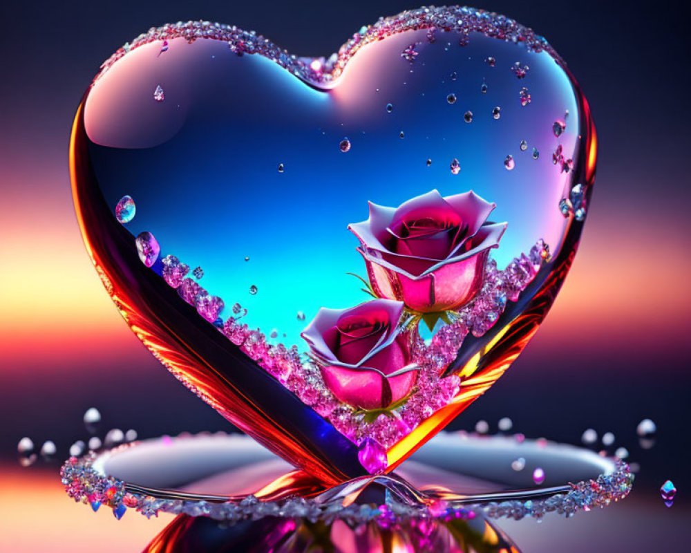 Translucent heart with water droplets, roses, and gemstones on sunset background