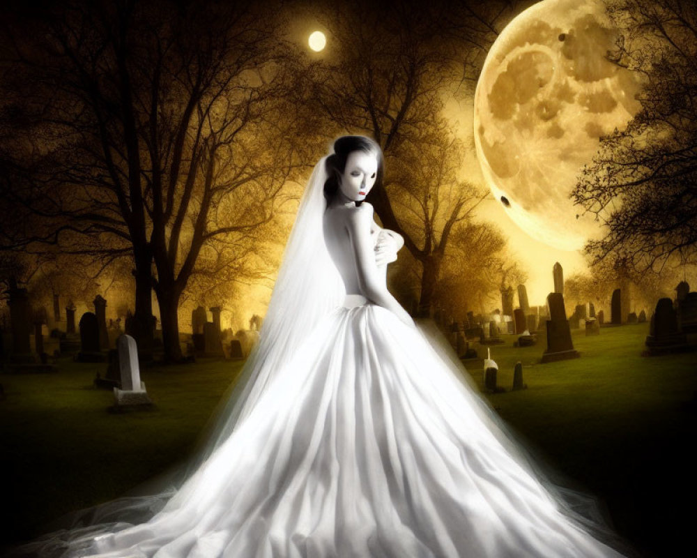 Woman in white gown under full moon in graveyard
