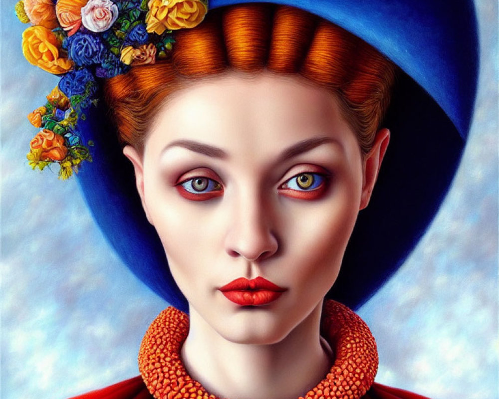 Colorful portrait of woman with floral headdress and blue hat, intense gaze and detailed attire