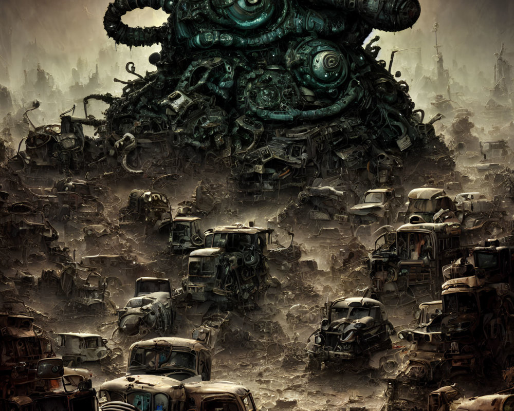 Gigantic mechanical entity with tentacles in dystopian landscape