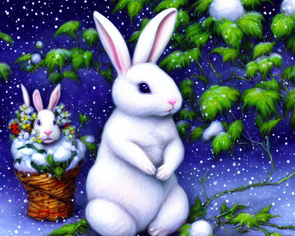 Fluffy white rabbits in snowy scene with green tree