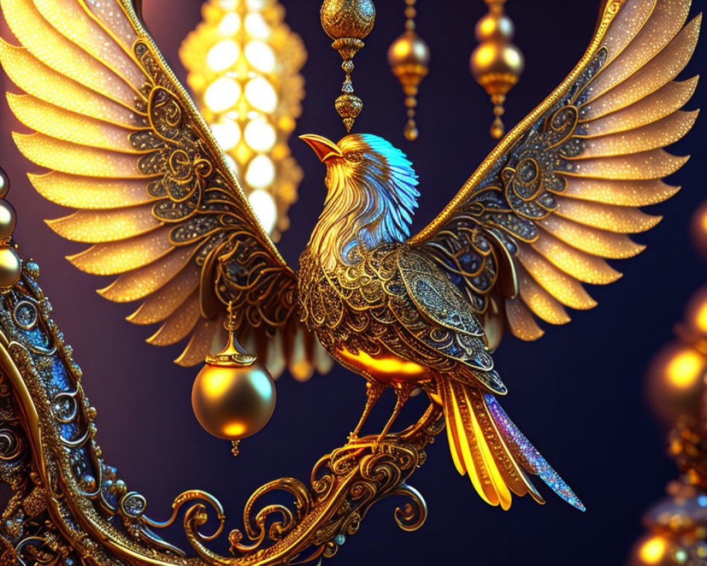 Golden ornate bird surrounded by luxurious decor and lanterns