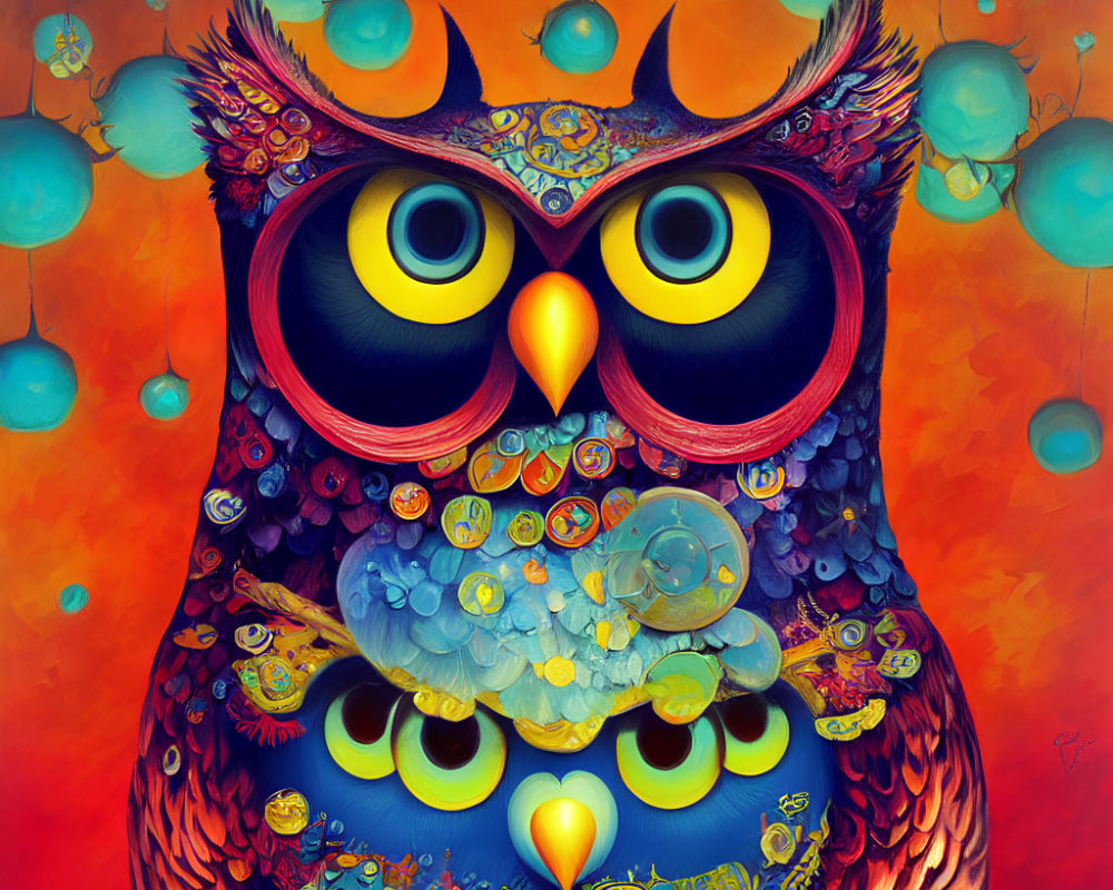 Vibrant owl painting with yellow eyes, red glasses, and blue bubbles