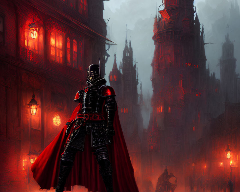 Knight in armor with red cape in misty gothic cityscape with silhouettes.
