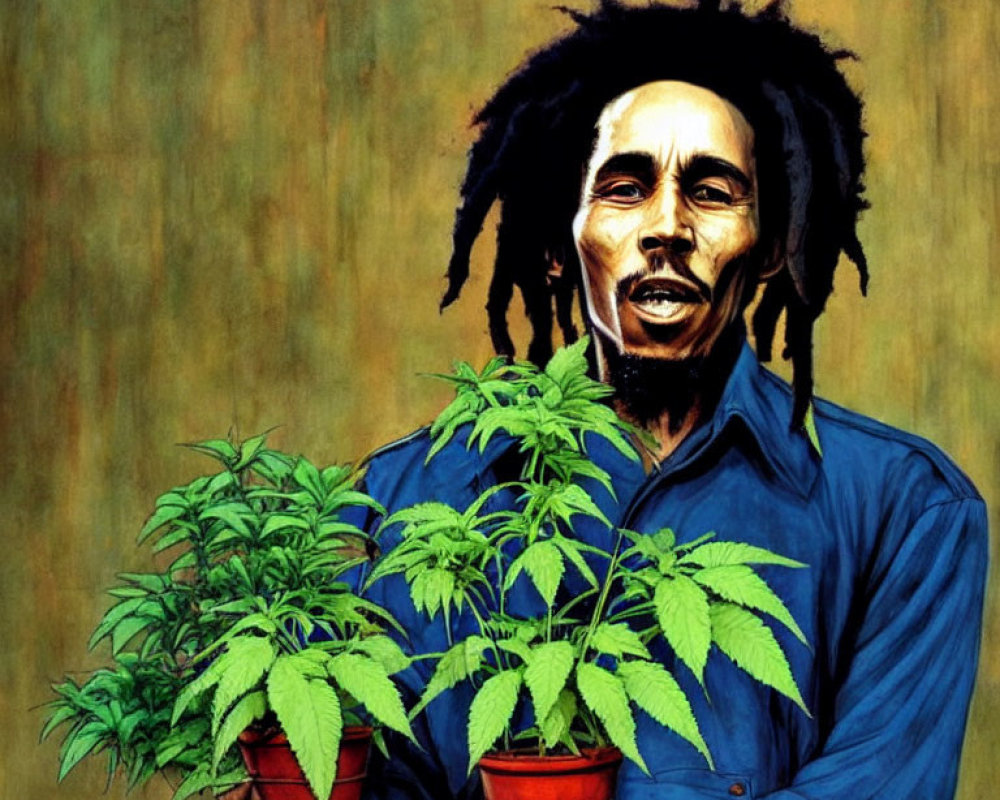 Man with dreadlocks holding cannabis plants on green and yellow background