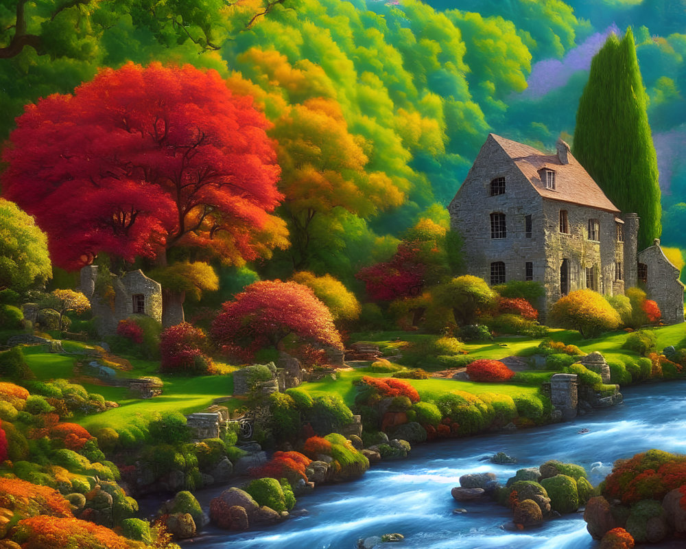Stone cottage surrounded by autumn foliage and river, with wooded hills backdrop