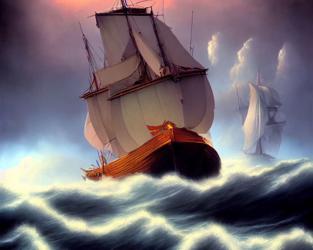 Majestic sailing ships in turbulent seas under dramatic sky