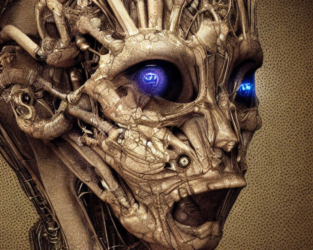 Detailed robotic head with glowing blue eyes and open-mouth expression on textured backdrop