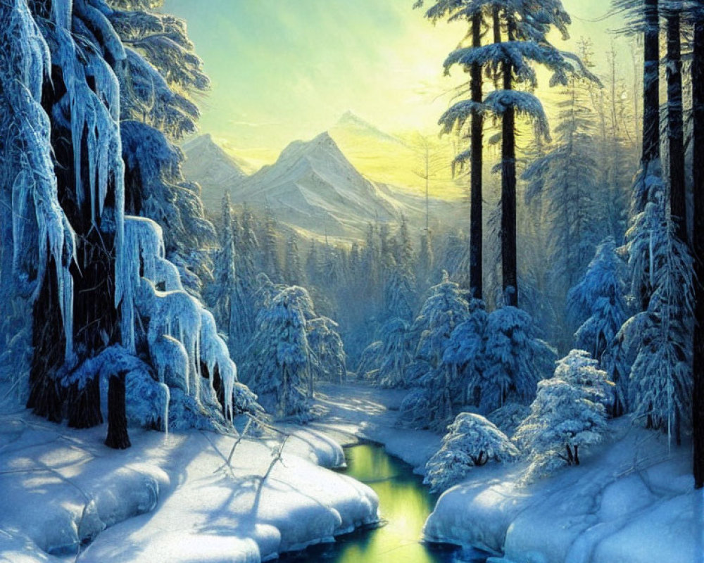 Snow-covered trees, stream, and mountains in serene winter landscape