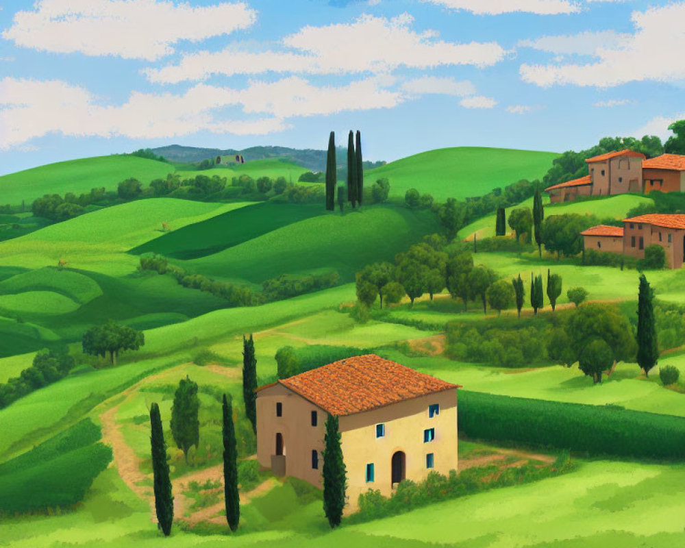 Colorful Tuscan landscape with green hills, cypress trees, and terracotta houses