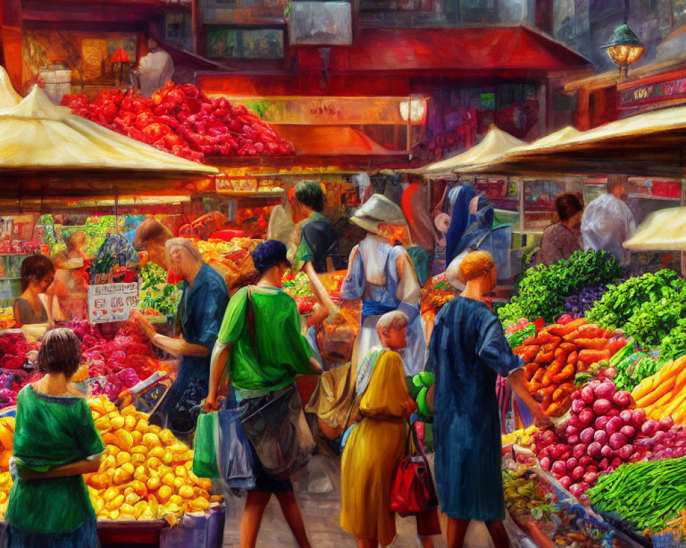 Bustling market scene with colorful fruits and vegetables under warm light