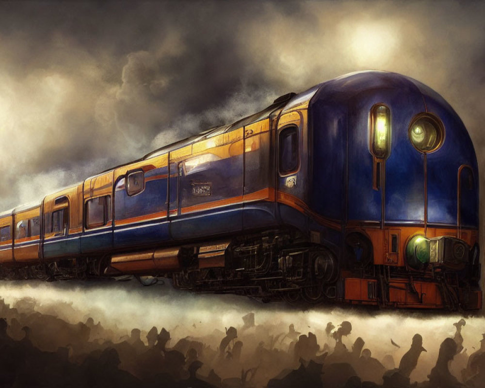 Vintage Blue Train with Golden Accents Arrives at Crowded, Smoggy Station