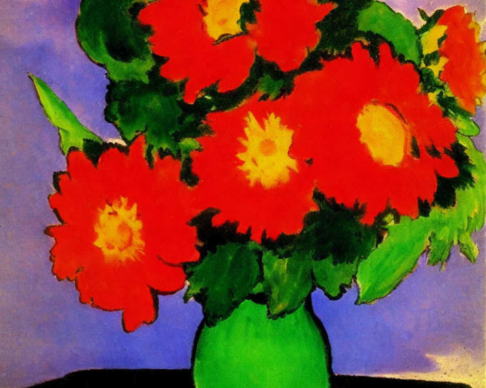 Colorful painting of red flowers in yellow-centered vase on blue backdrop