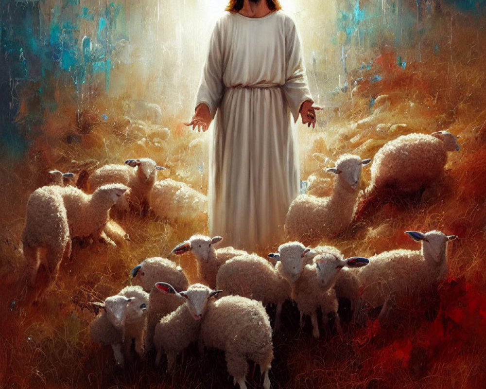Bearded man in white robes surrounded by sheep in golden field