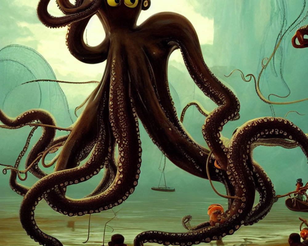 Giant Cartoon Octopus with Yellow Eyes Over Small Boats and Sailors