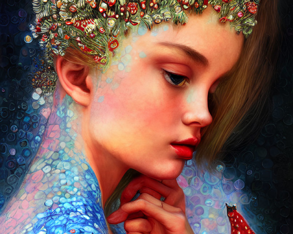 Colorful woman with flower crown and mushrooms in whimsical setting