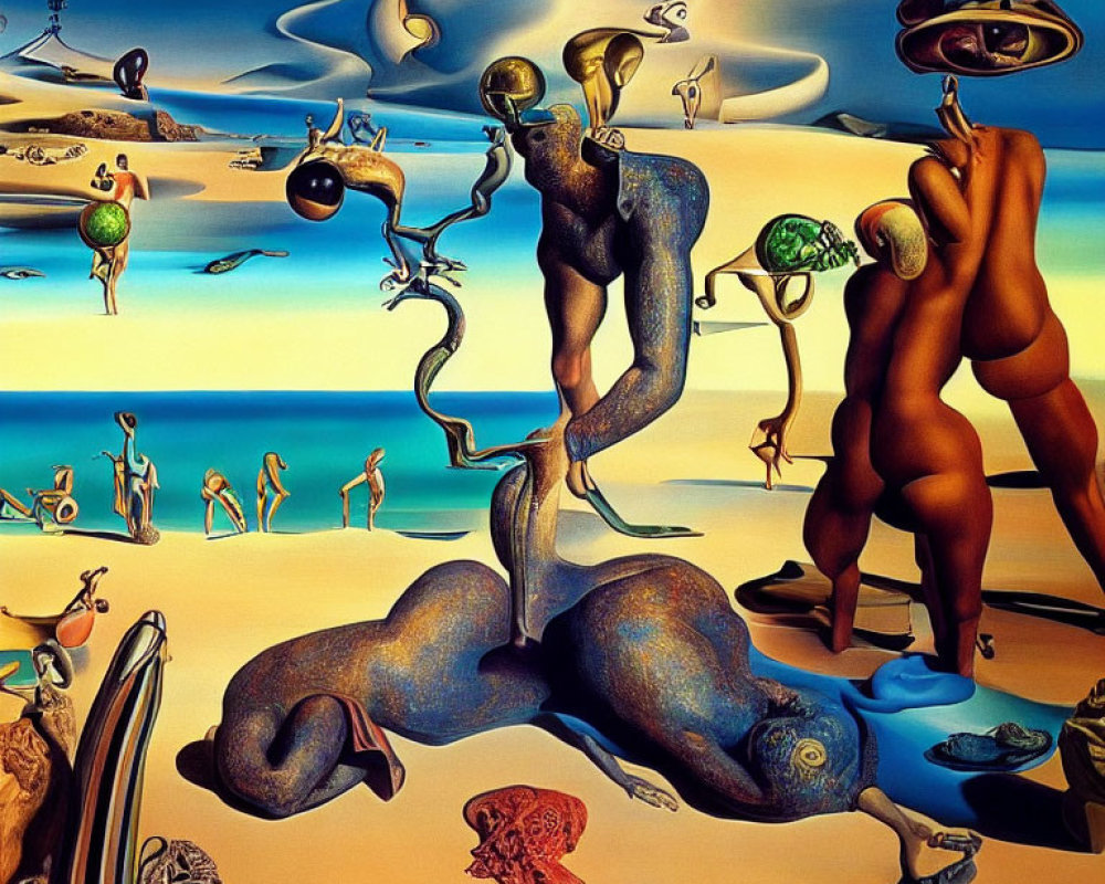 Surreal painting: distorted figures, alien beings, desert landscape, abstract elements