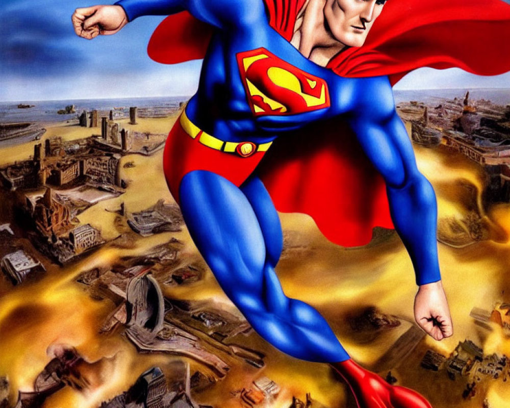 Superman flying over city with red cape and blue costume