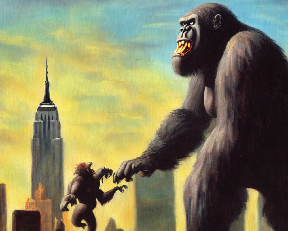 Giant gorilla and cityscape with smaller monkey and dramatic sky