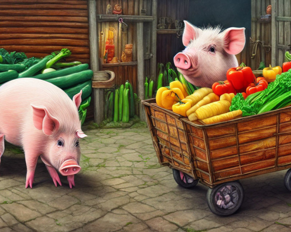 Cartoon pigs with vegetables near wooden cart and doors