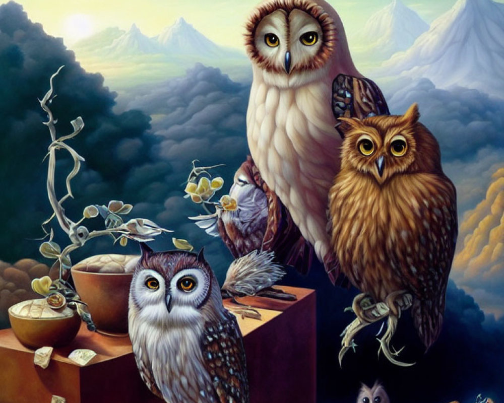 Five owls with different patterns and eye colors in a scenic mountain setting.