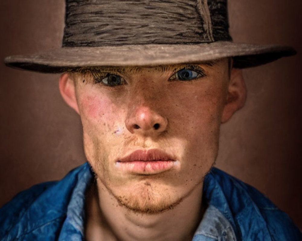 Young man with freckles in weathered hat and blue shirt gazes with intense blue eyes.