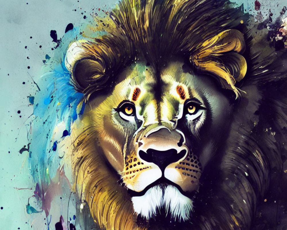 Colorful watercolor lion face painting with vibrant blue splashes