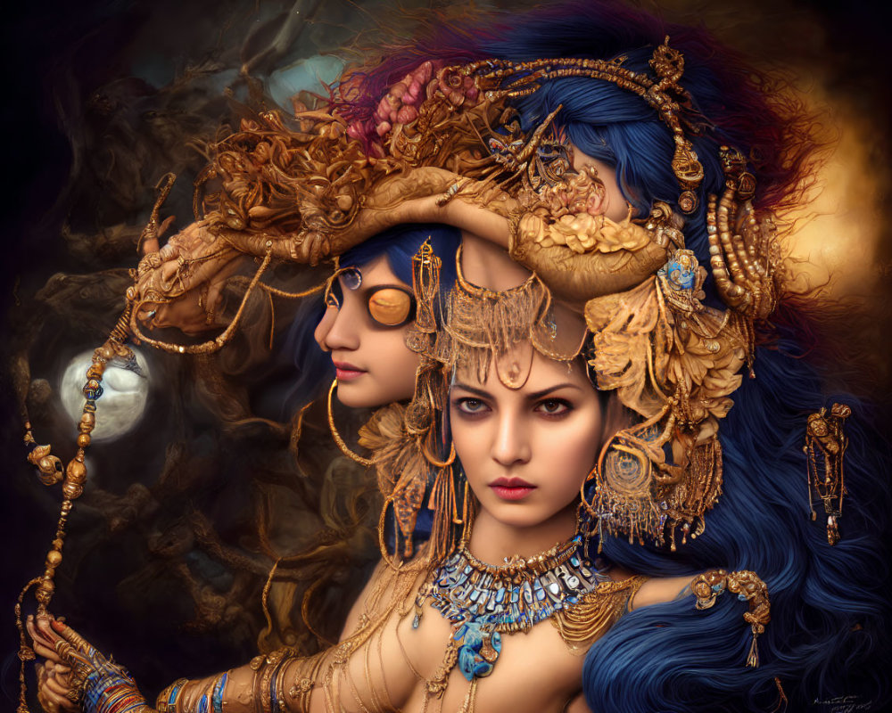 Digital Artwork: Two Faces with Golden Headpieces and Blue Hair