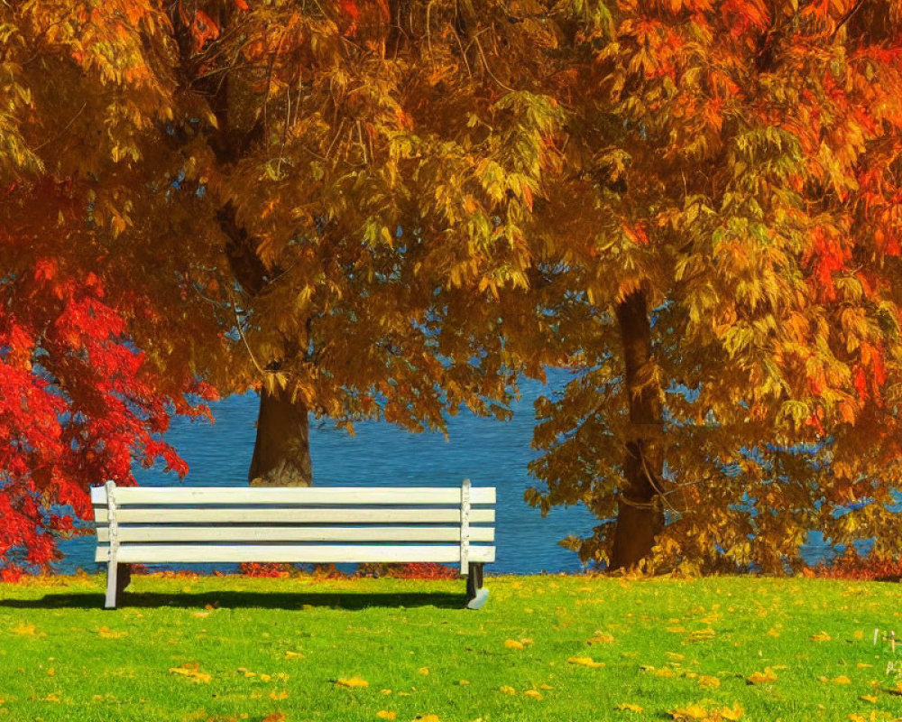 Autumnal lake scene with white bench, red and orange trees, green grass, and blue water