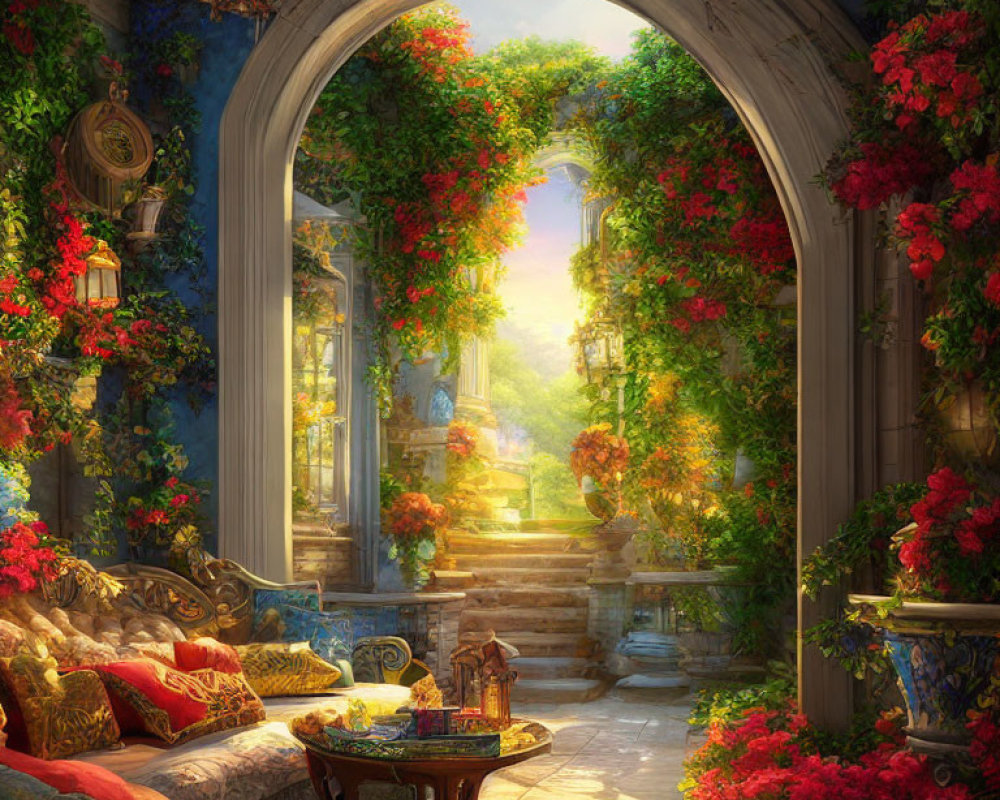 Lush Greenery and Vibrant Flowers Frame Arched Doorway in Sunlit Garden Path