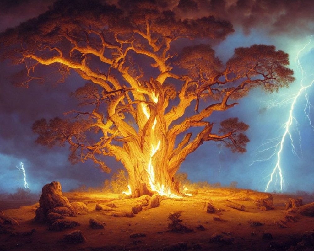 Majestic illuminated tree in mystical landscape with lightning strikes