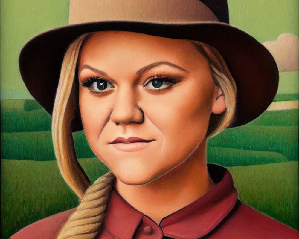 Stylized portrait of woman with braid in brown hat and red shirt