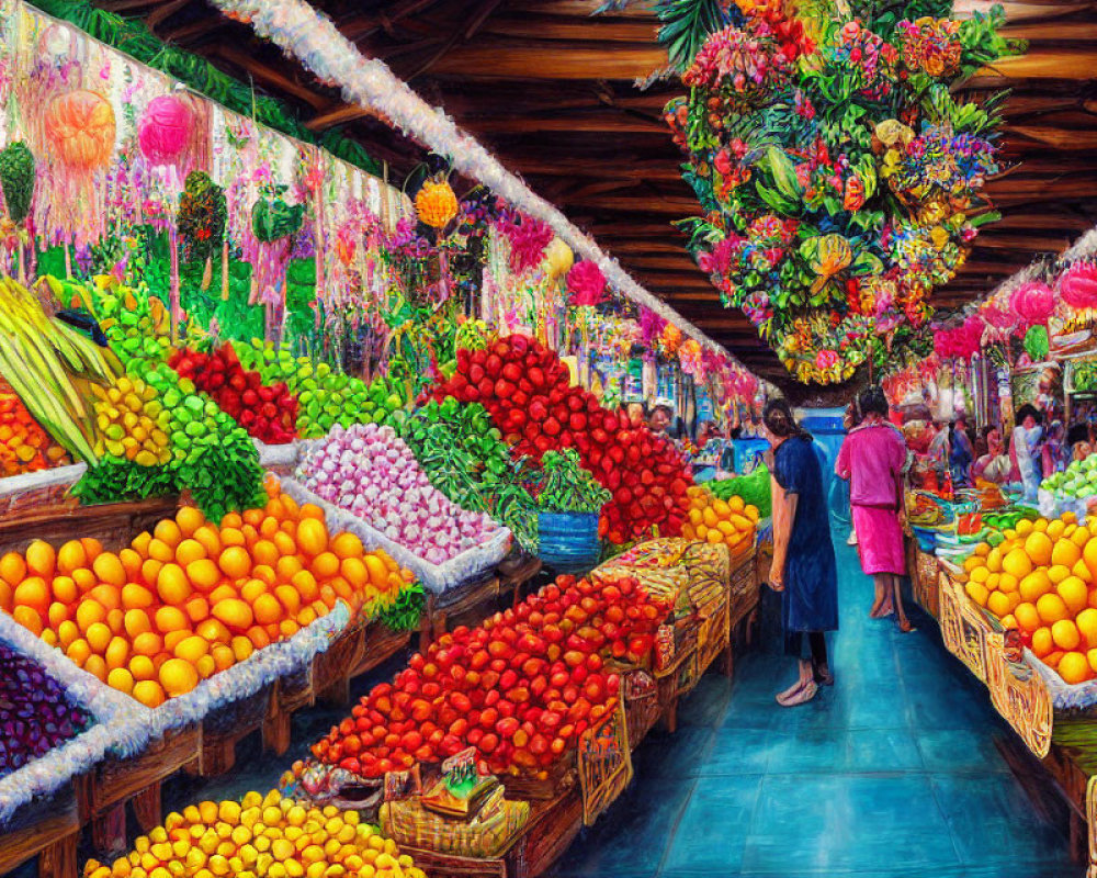 Colorful Fruit Market with Vibrant Produce and Floral Decorations