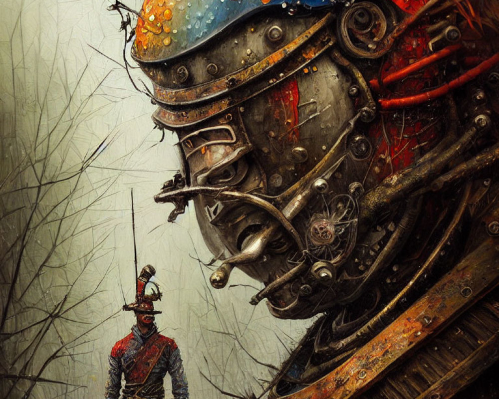 Historical soldier and steampunk robot in vibrant forest scene