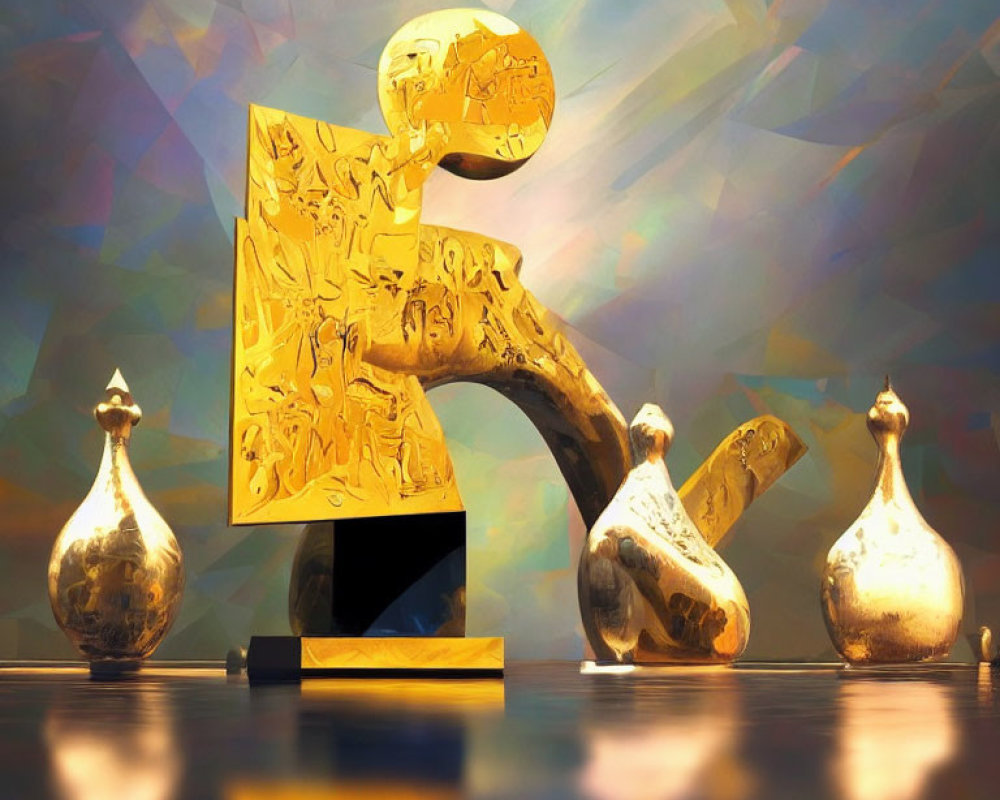 Abstract golden sculpture with intricate details and glossy pear-shaped objects on reflective surface against geometric backdrop.
