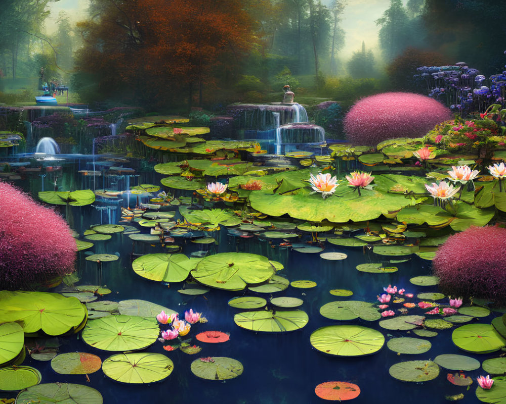 Tranquil Pond with Lily Pads, Flowers, and Waterfall