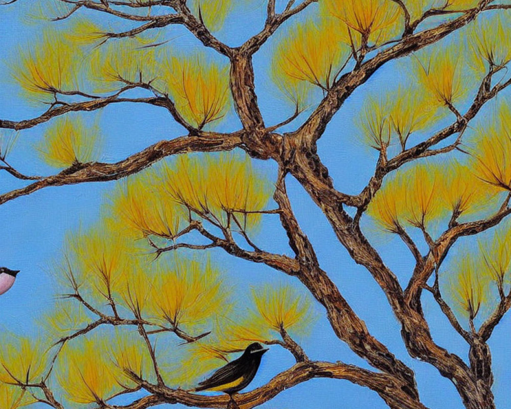 Colorful painting of black and pink birds on tree branch against blue sky
