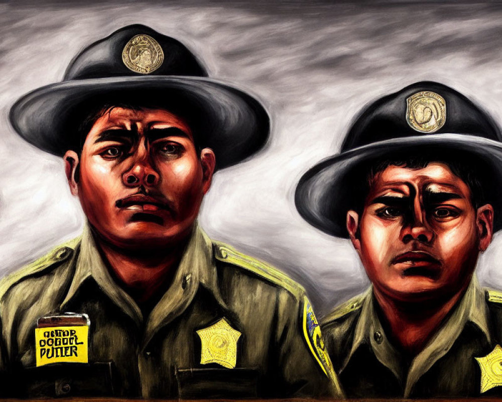 Detailed painting of two uniformed officers with badges and hats, one facing forward and the other to the