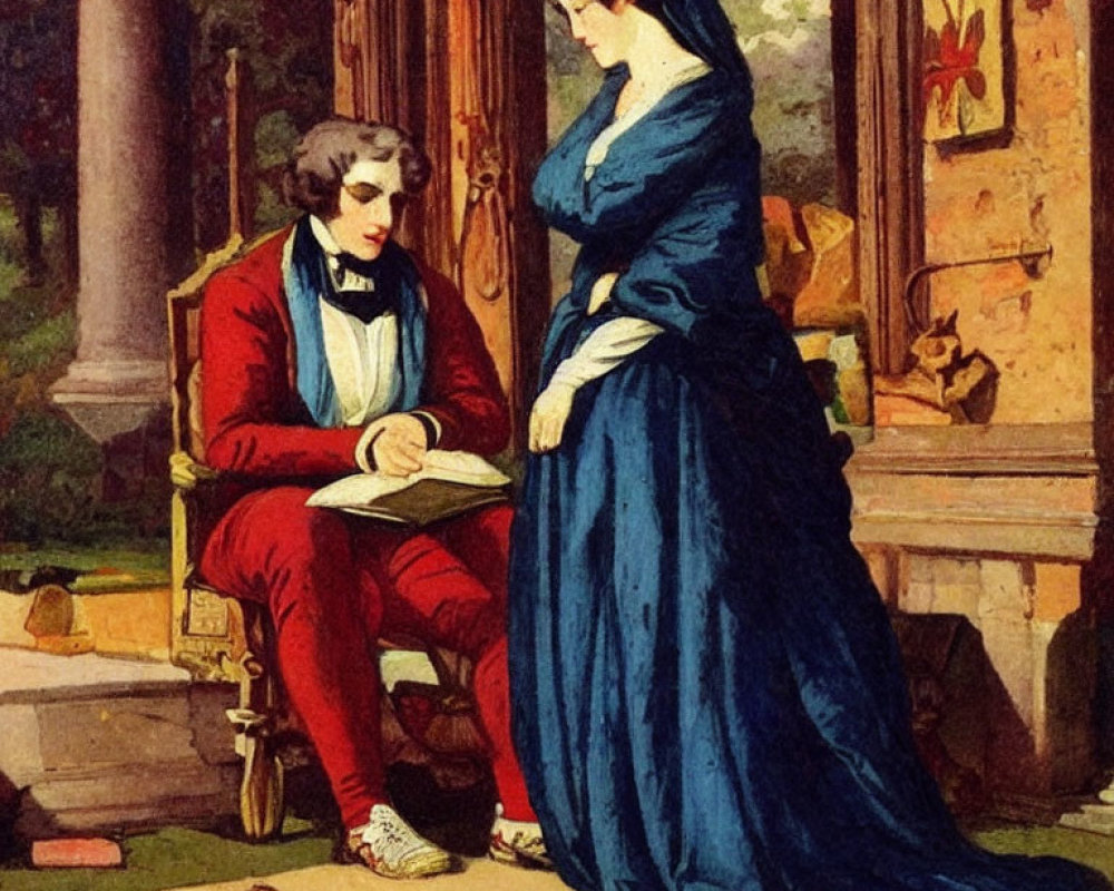 Vintage Illustration: Man in Red Jacket Reading to Woman in Blue Dress